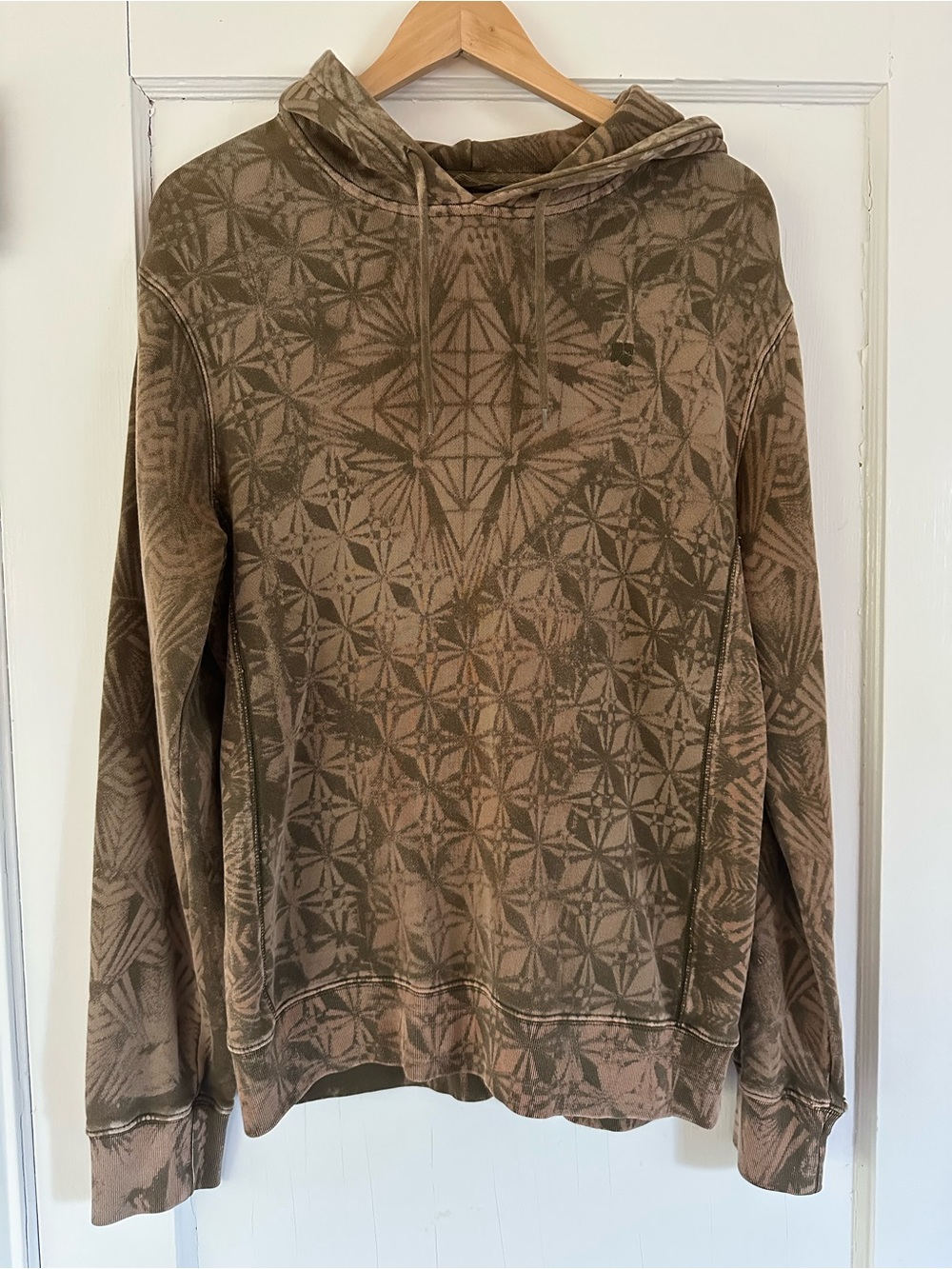 Custom Hand Printed Geometric Print Hoodie in Olive